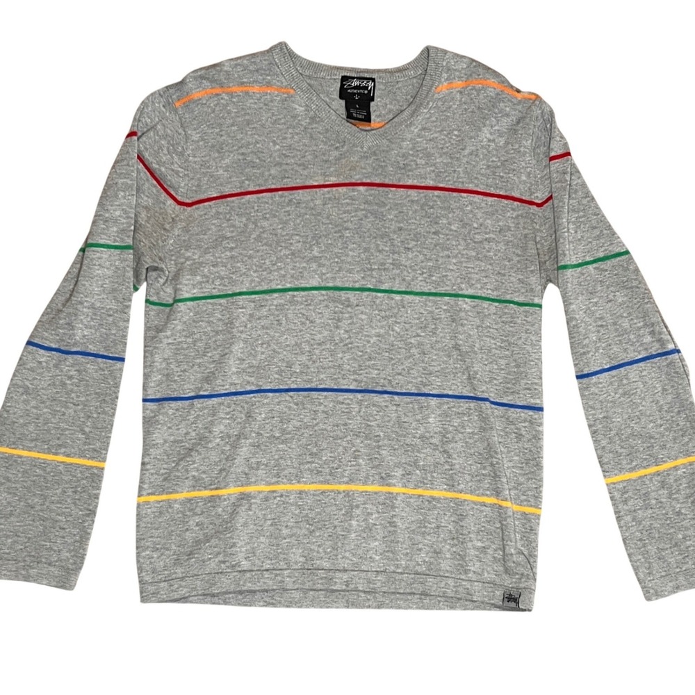 Stussy Mens Grey Long Sleeve Sweater Striped V Neck Cotton Size L Y2K Vintage